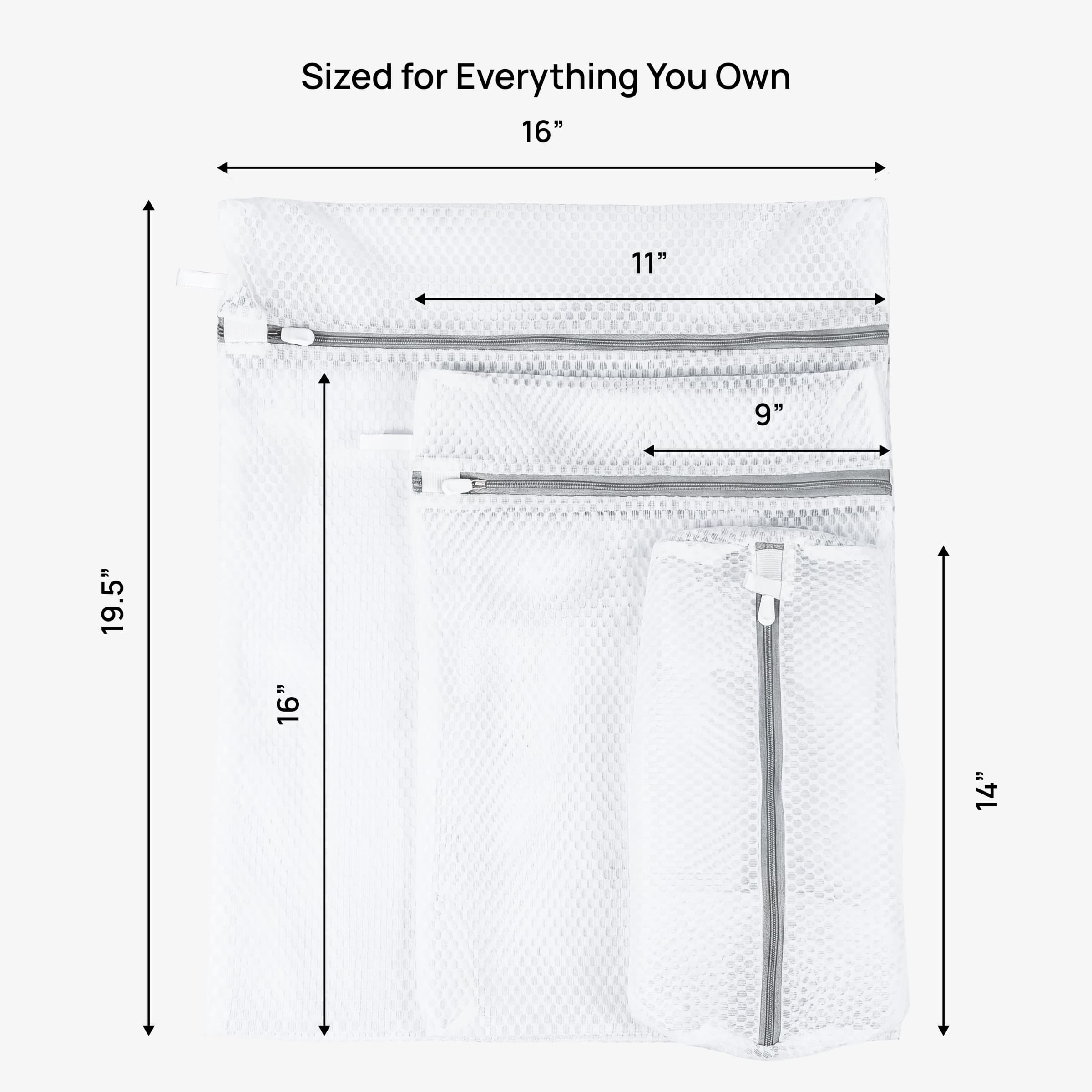 Sized for Everything You Own — dimension callouts across three bag sizes
