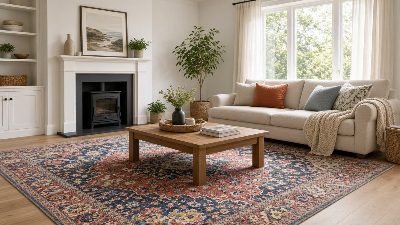 Colorful area rug as living-room centerpiece after profitable Amazon UK PPC growth