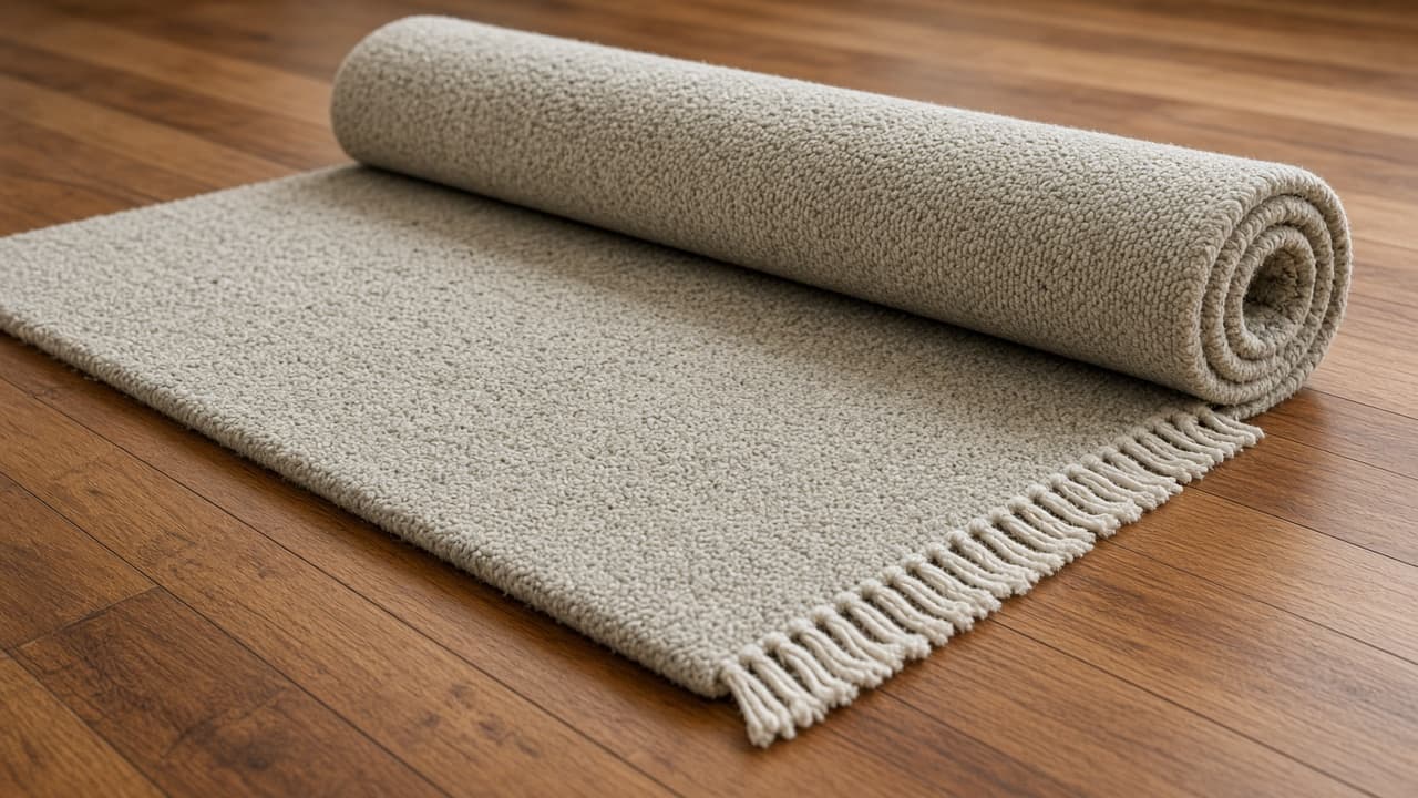 Thick wool area rug rolled open on hardwood — UK rugs catalog product