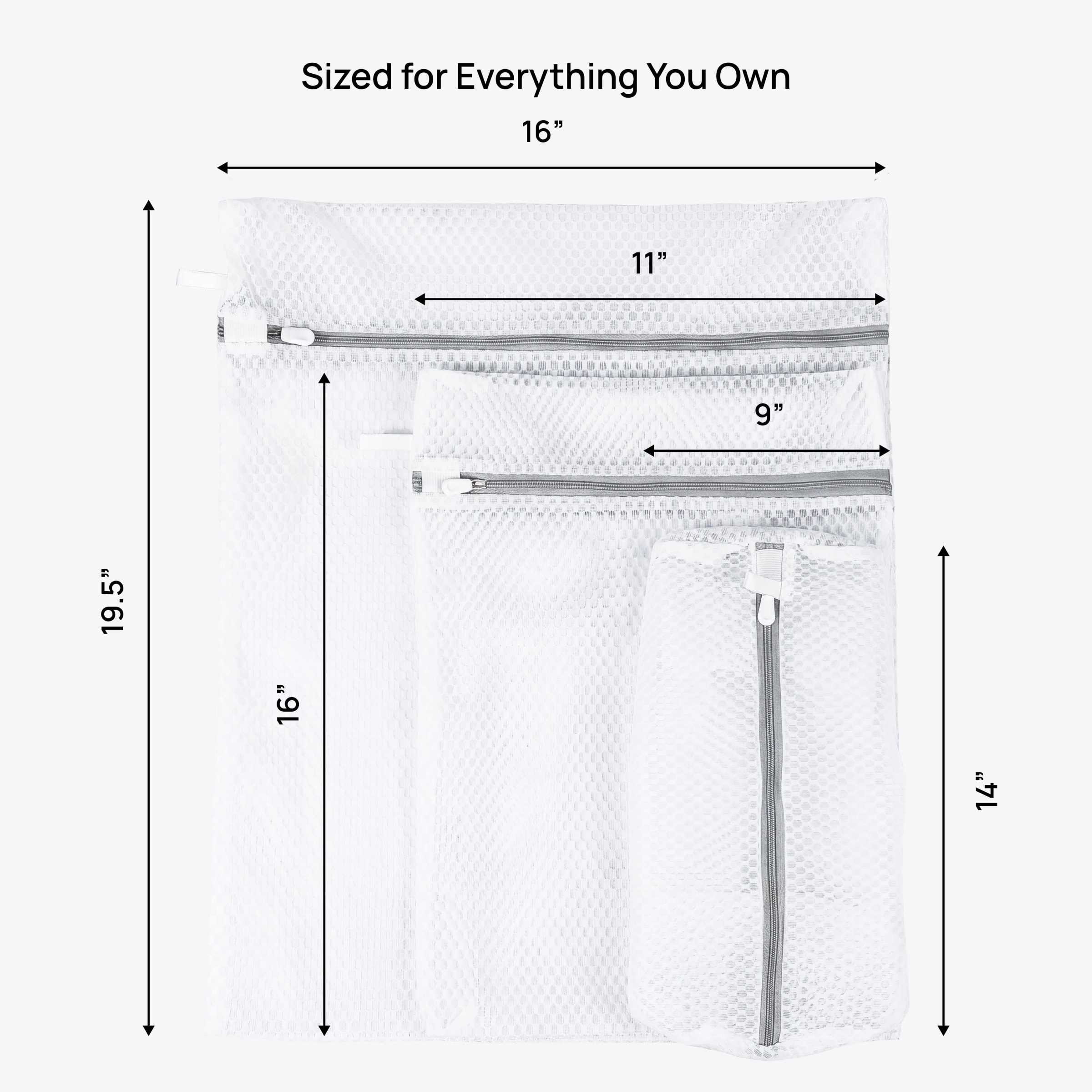 Sized for Everything You Own — dimension callouts across three bag sizes