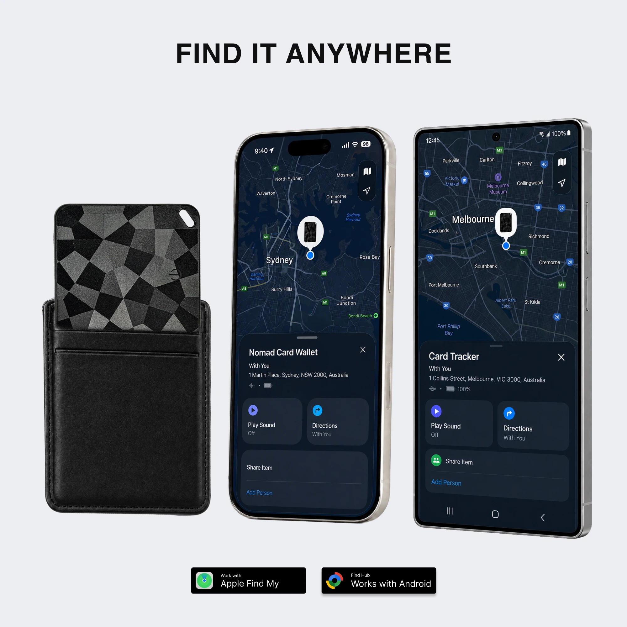 Find it Anywhere listing showing Apple Find My and Android Find Hub with AU map pins