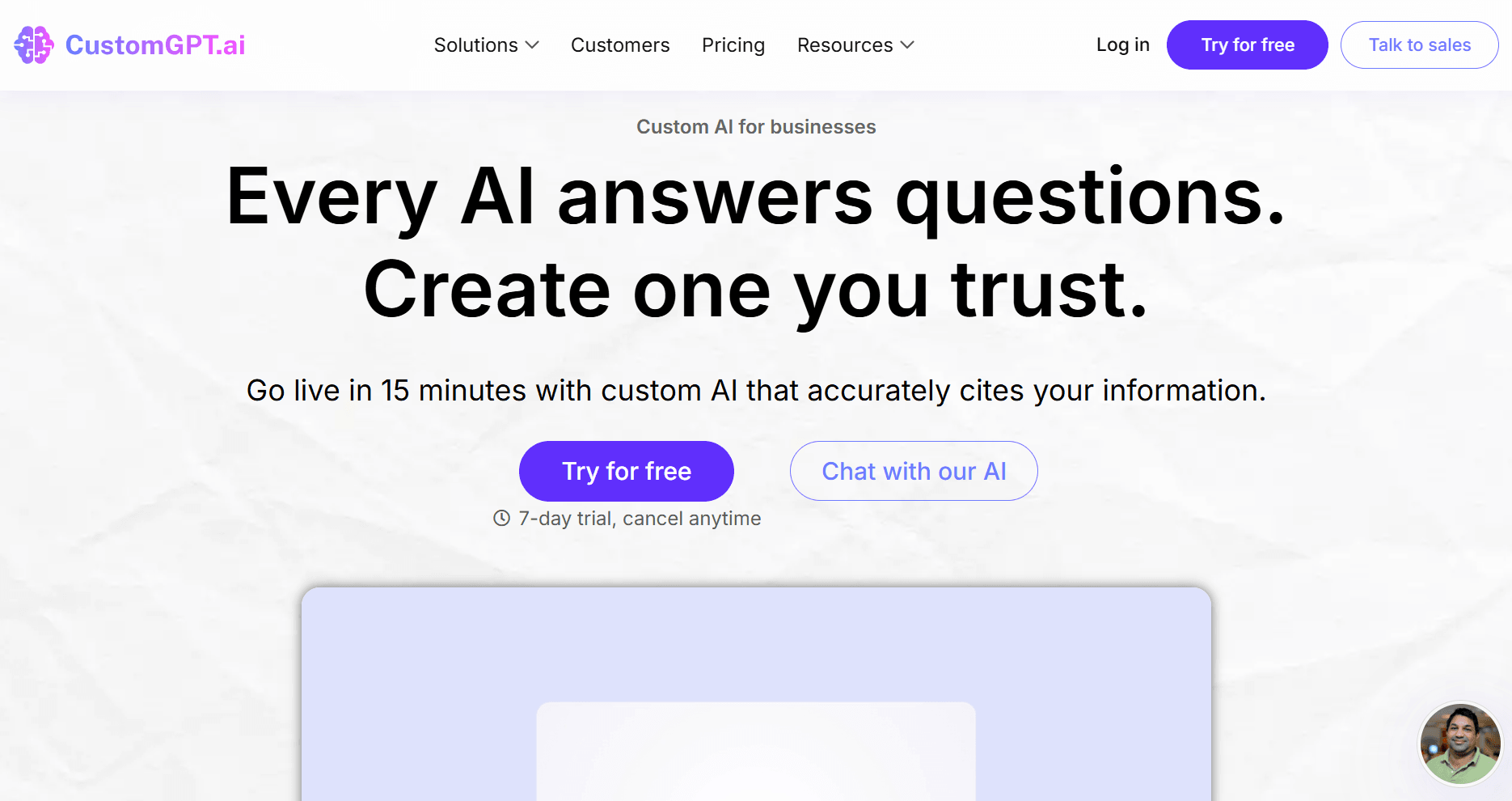 CustomGPT.ai website homepage snapshot CustomGPT.ai homepage