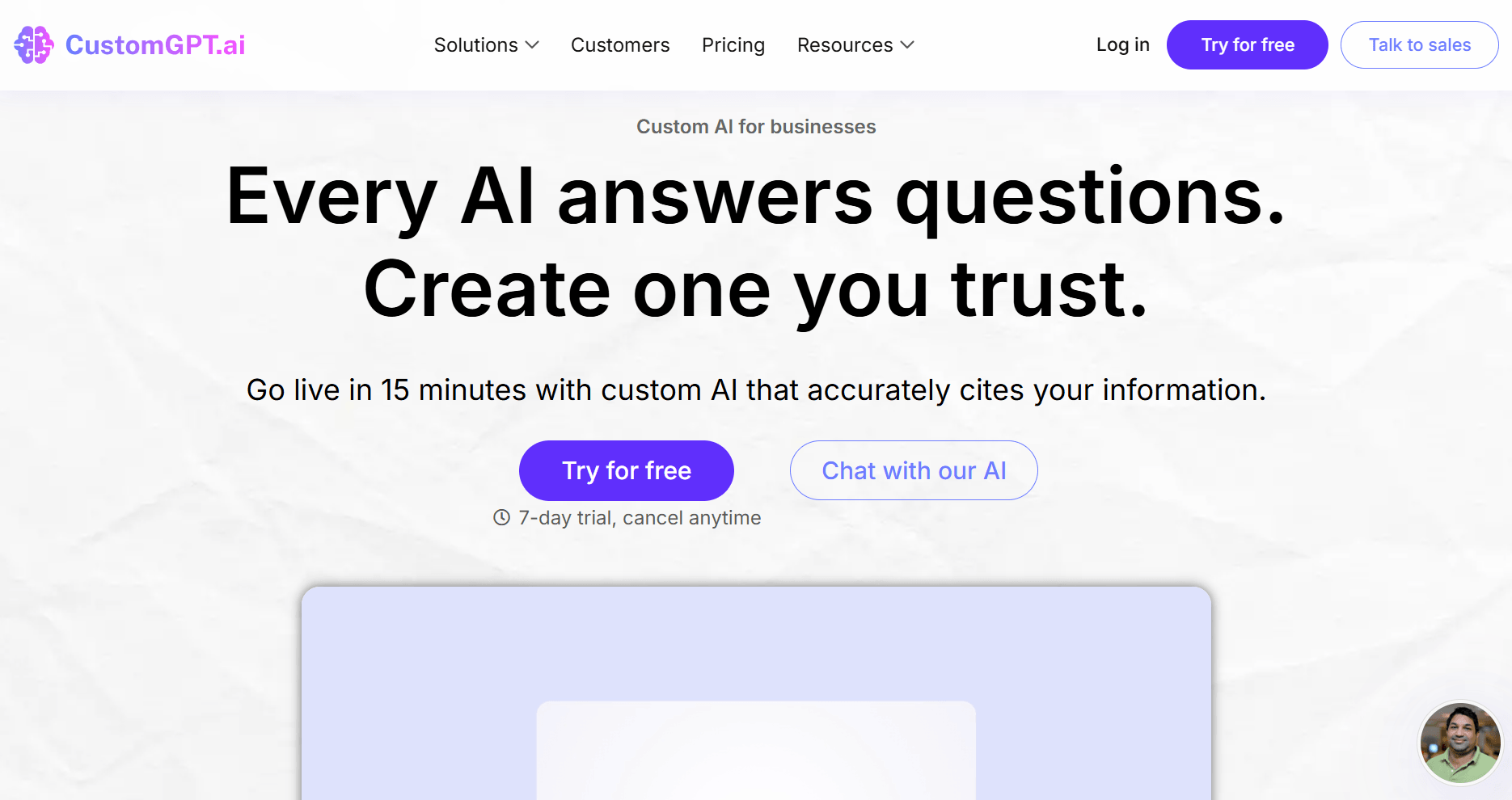CustomGPT.ai website homepage snapshot CustomGPT.ai homepage