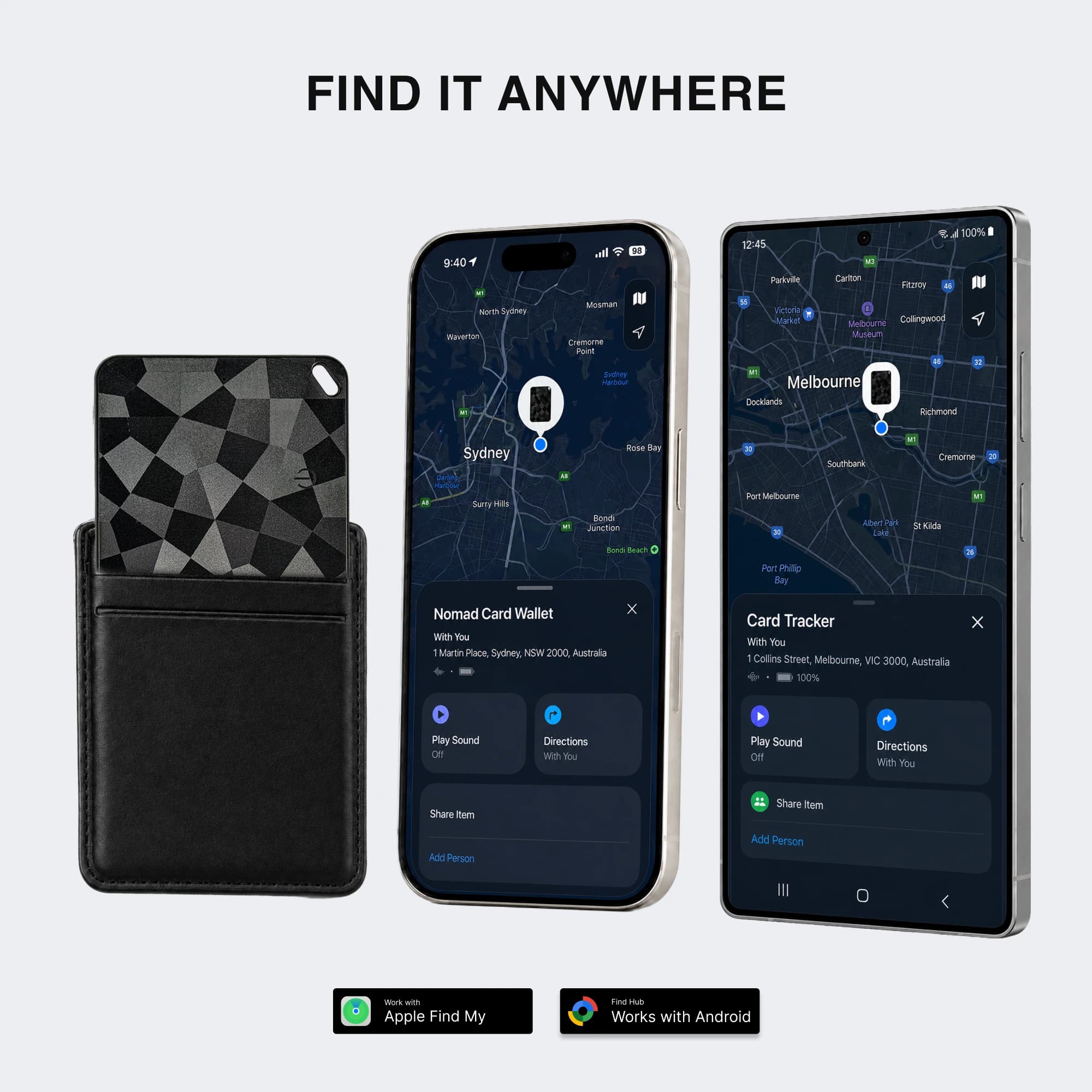 Find it Anywhere listing showing Apple Find My and Android Find Hub with AU map pins