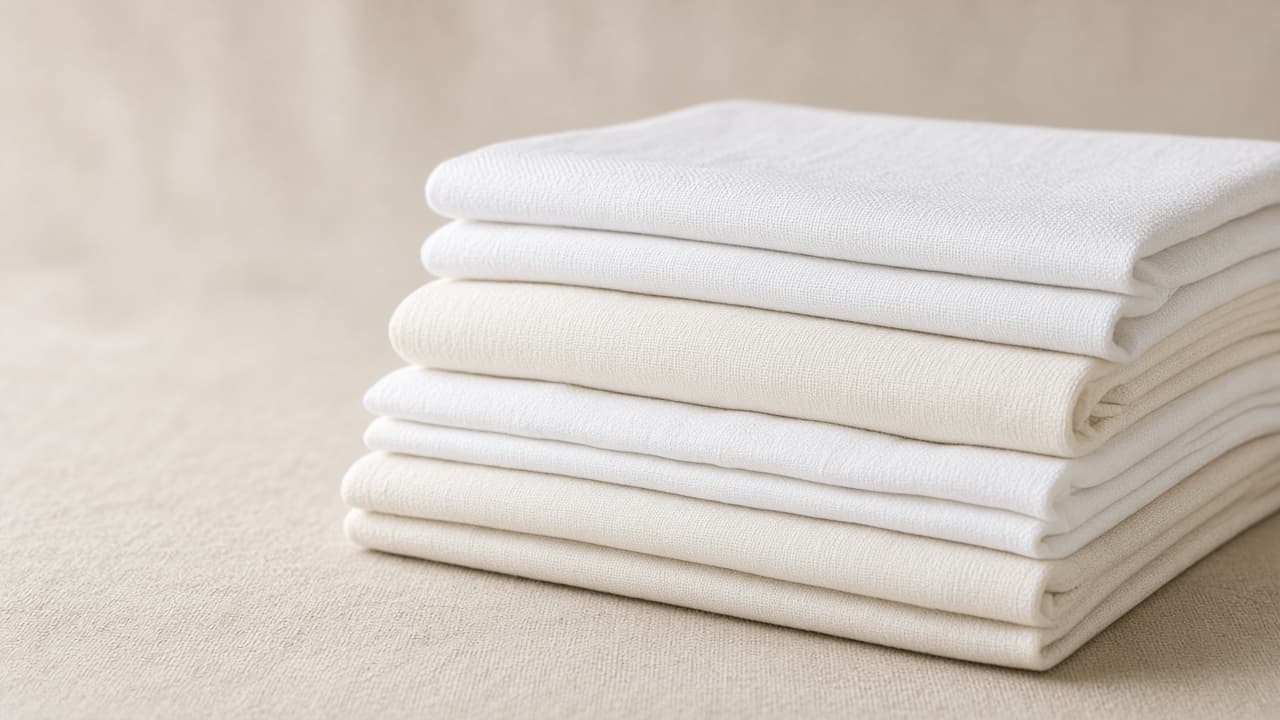 Folded white and ivory cotton bed sheets with visible weave texture Folded white and ivory cotton bed sheets with visible weave texture