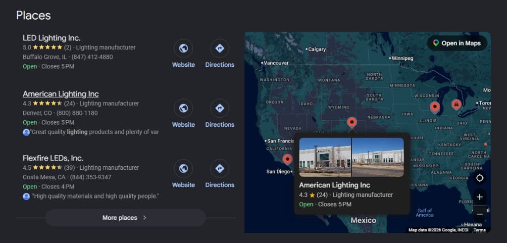 Google local search map pack showing business listings with map pins