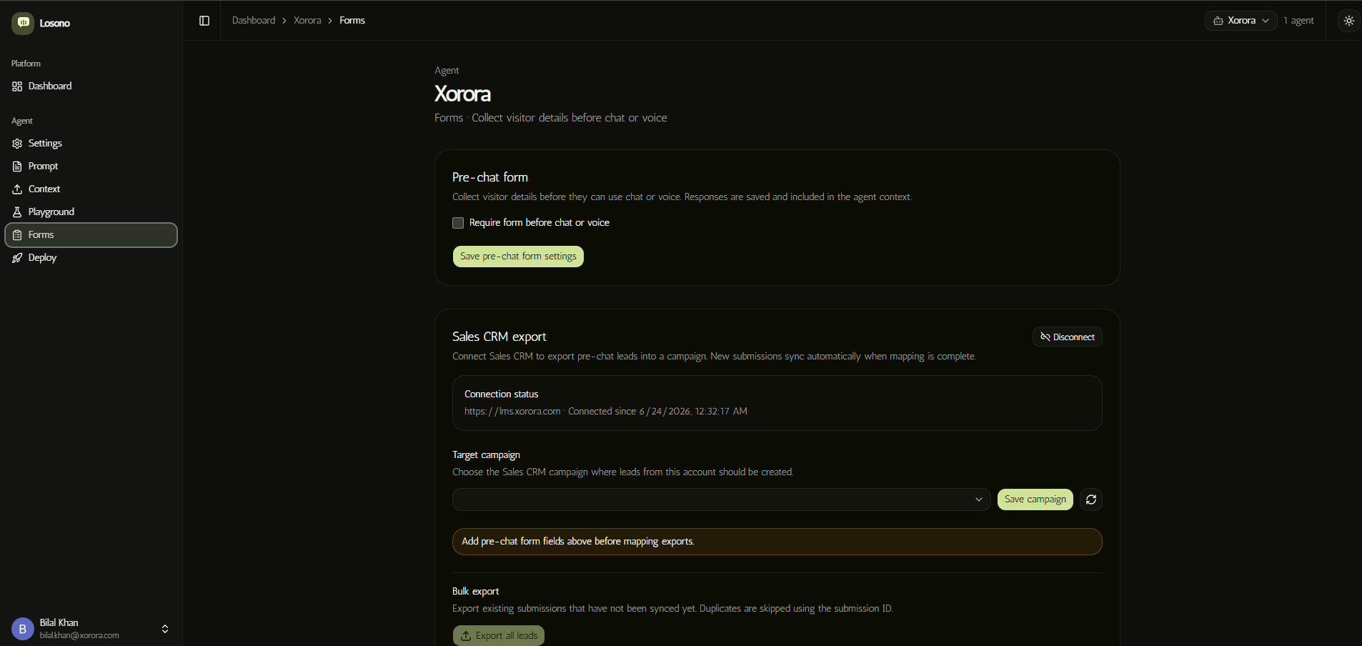 Losono pre-chat forms with Lead'em sync